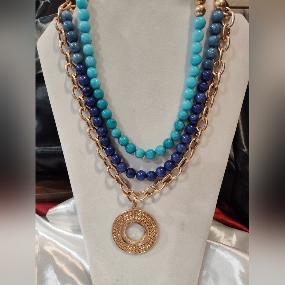 NWT Gold Tone, Blue & Turquoise Glass/Stone Beaded 4 Layered Necklace